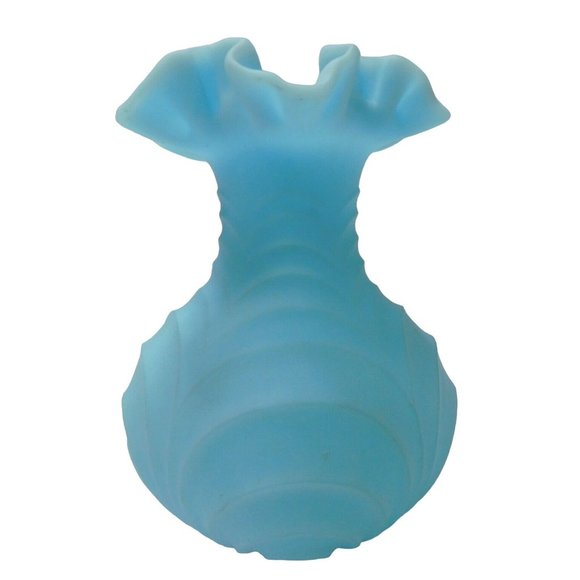 Fenton Vase Blue Satin Shell Bulbous Drapery Style Crimped Ruffle Edge 8" - Picture 2 of 7